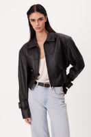 SHORT BLACK ADJUSTABLE WAIST REGULAR LEATHER JACKET WITH BUCKLES