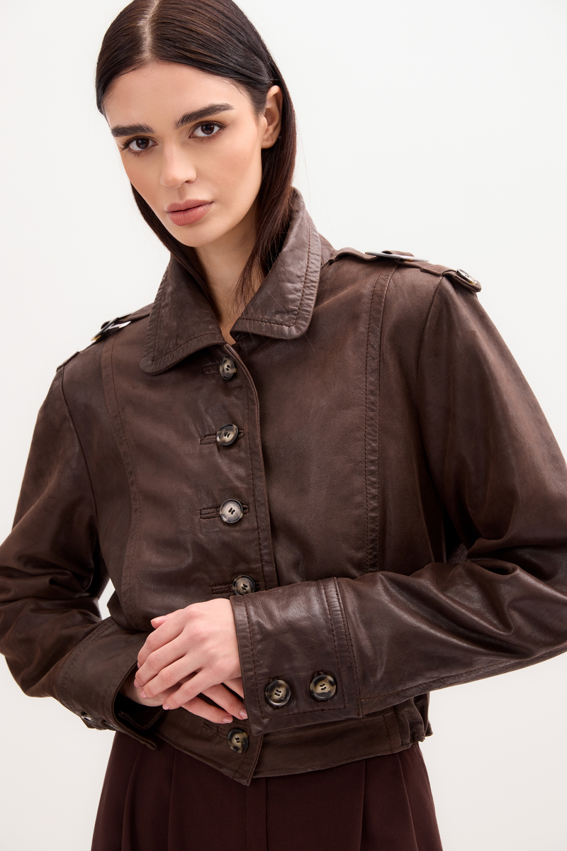 CHOCOLATE LEATHER JACKET WITH EPAULOS