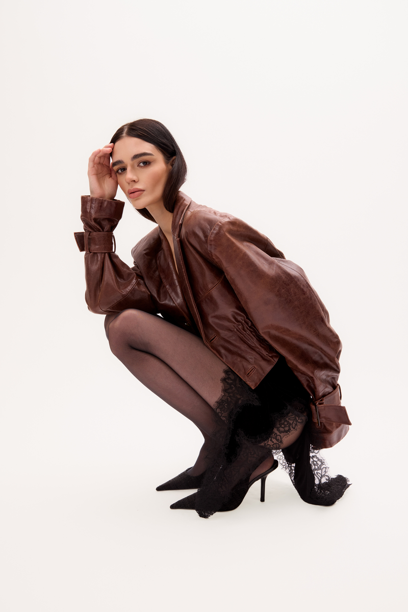 BROWN LEATHER JACKET WITH BUCKLES AND DEEP COLLAR