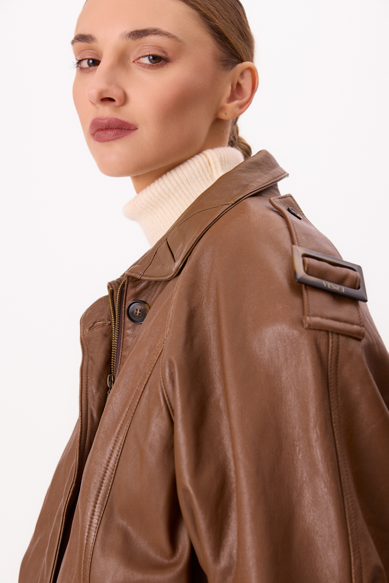 CARAMEL LEATHER BOMBER JACKET