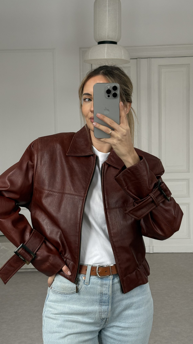 BROWN LEATHER JACKET WITH BUCKLES