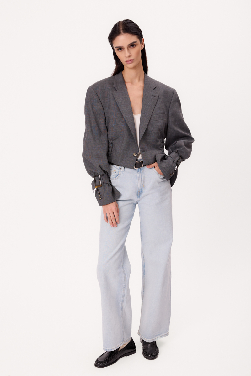 GRAY SMOOTH FITTED REGULAR JACKET WITH BUCKLES MODEL No5