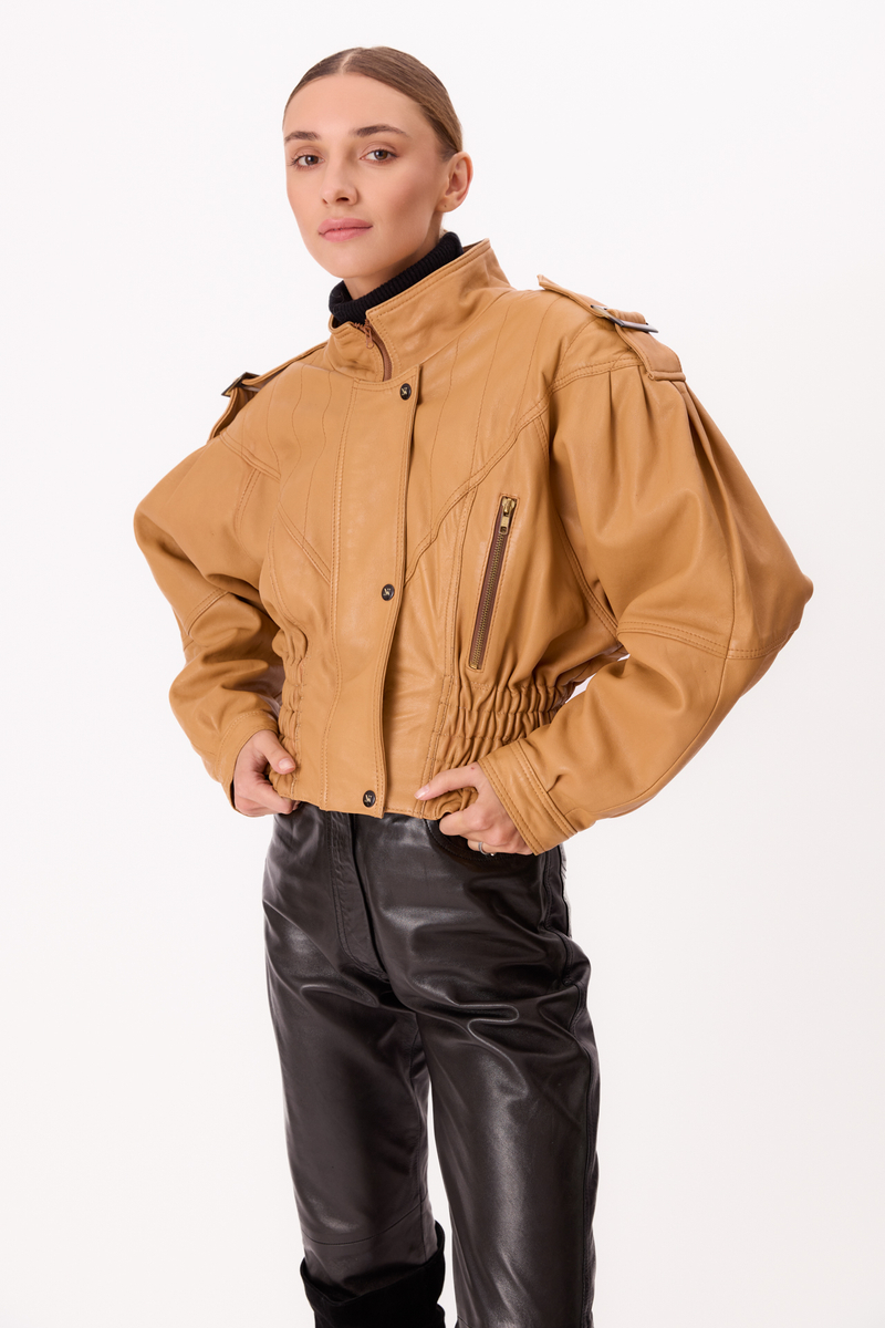 CARAMEL ADJUSTABLE OVERSIZE LEATHER JACKET