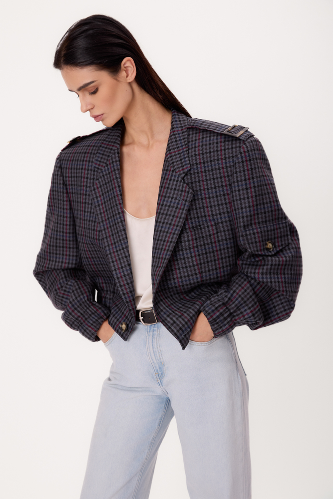 NAVY BLUE REGULAR BOMBER JACKET WITH COLORFUL HOUNDSTOOTH