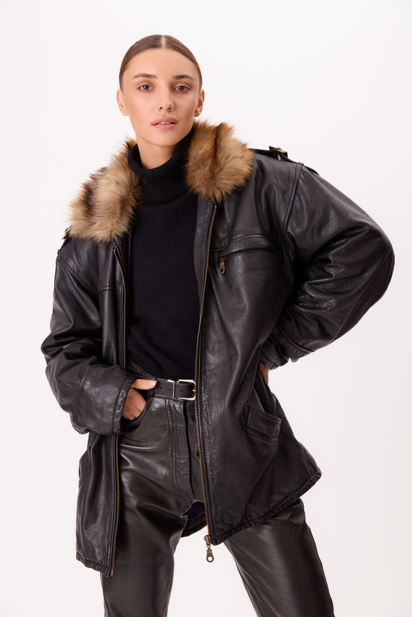 LONG BLACK OVERSIZE LEATHER JACKET WITH DETACHABLE FUR