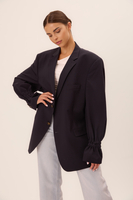 LONG PLAIN NAVY BLUE FITTED JACKET WITH ELASTIC SLEEVES