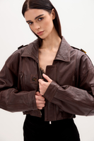 CHOCOLATE LEATHER JACKET WITH SHOULDER STRAPS