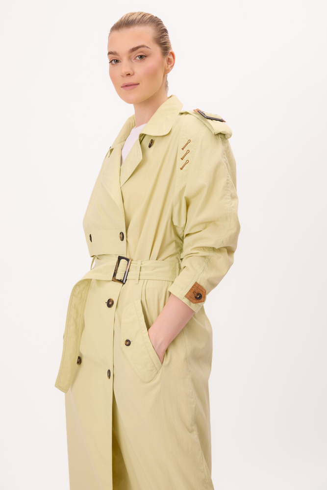 DŁUGI JASNOZIELONY MAXI TRENCH COAT REGULOWANY W TALII PŁASZCZ Z PASKIEM