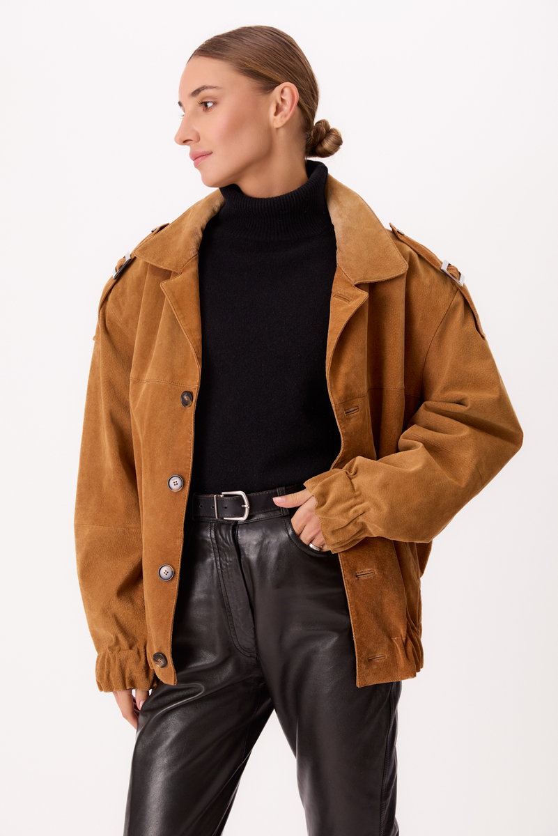 LONG LIGHT BROWN SUEDE BOMBER JACKET