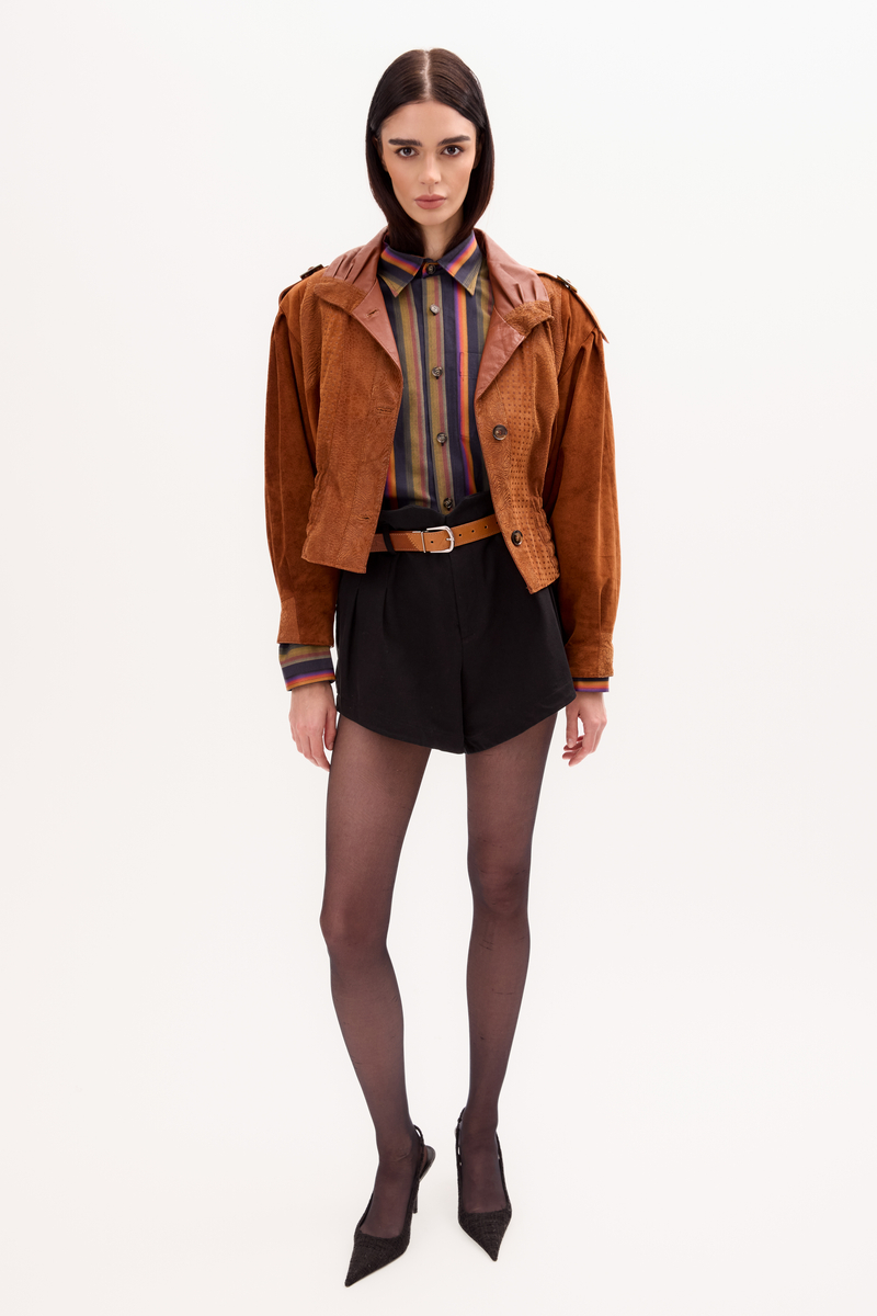 RED SUEDE JACKET WITH DECORATIVE PATTERNS