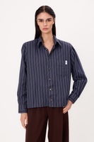 NAVY BLUE STRIPED OVERSIZED REGULAR SHIRT WITH DETACHABLE PADS