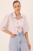 WHITE COTTON SHORT STRIPED SHIRT WITH DETACHABLE SHOULDER PADS