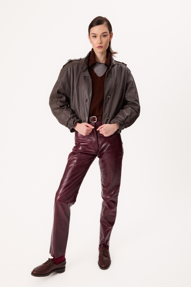 DARK GRAY LEATHER JACKET WITH DECORATIVE PATTERN AND EPADS