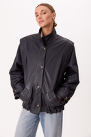 LONG NAVY BLUE LEATHER JACKET WITH POCKETS