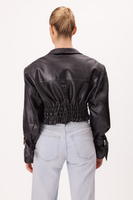 SHORT WAISTED BLACK LEATHER JACKET MADE OF SMOOTH GLITTERING LEATHER