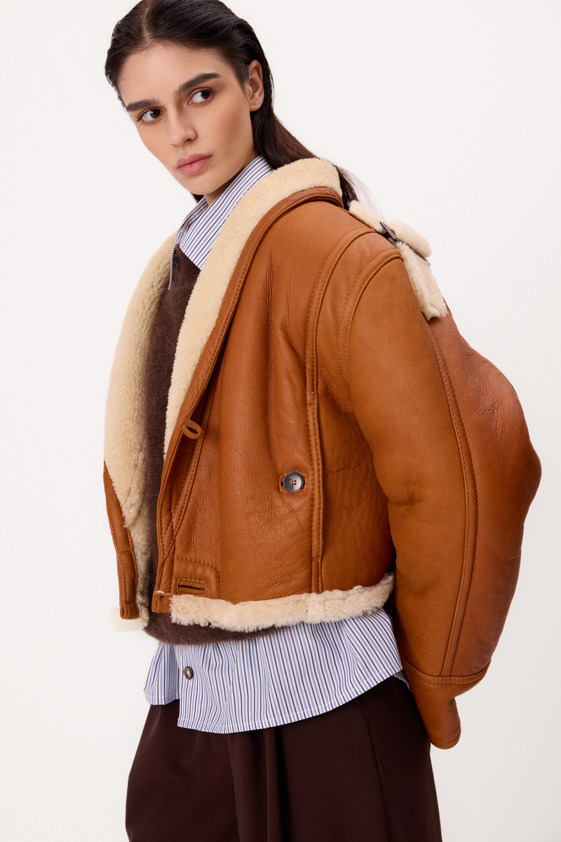 RED NATURAL SHEEPSKIN COAT WITH WHITE FUR