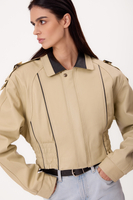 LIGHT BEIGE ADJUSTABLE WAIST TALL LEATHER JACKET WITH BLACK INSERTS