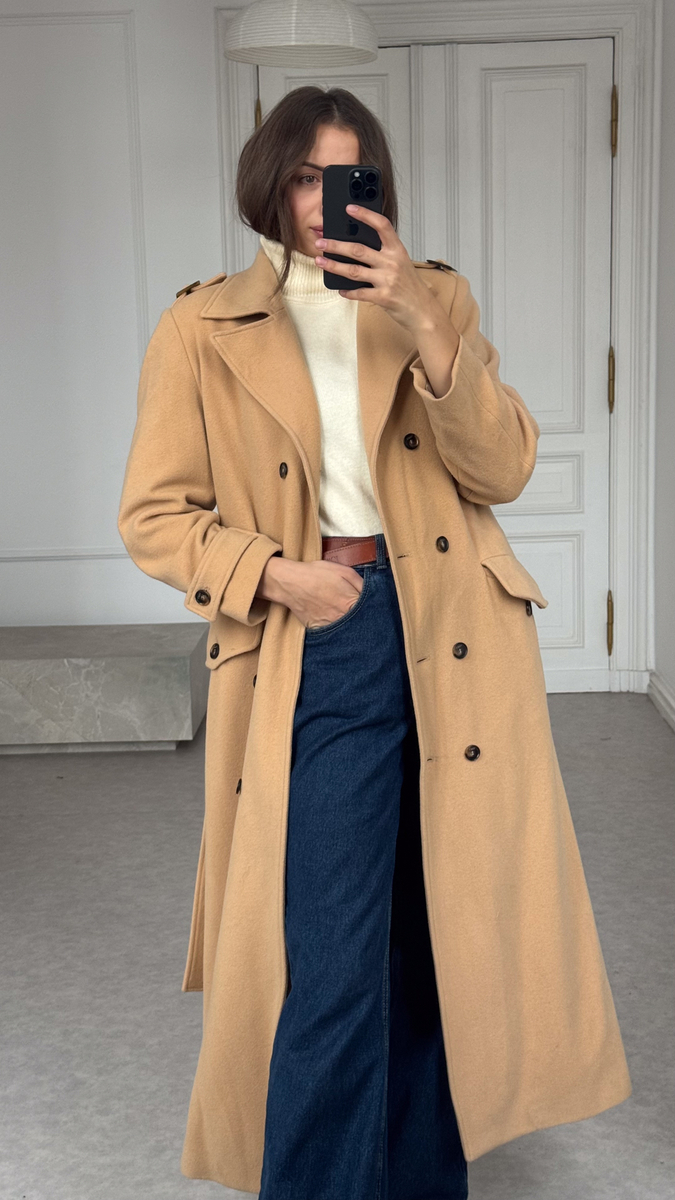 MAXI BEIGE ADJUSTABLE WAIST WOOL COAT