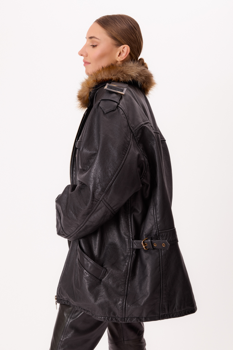 LONG BLACK OVERSIZE LEATHER JACKET WITH DETACHABLE FUR