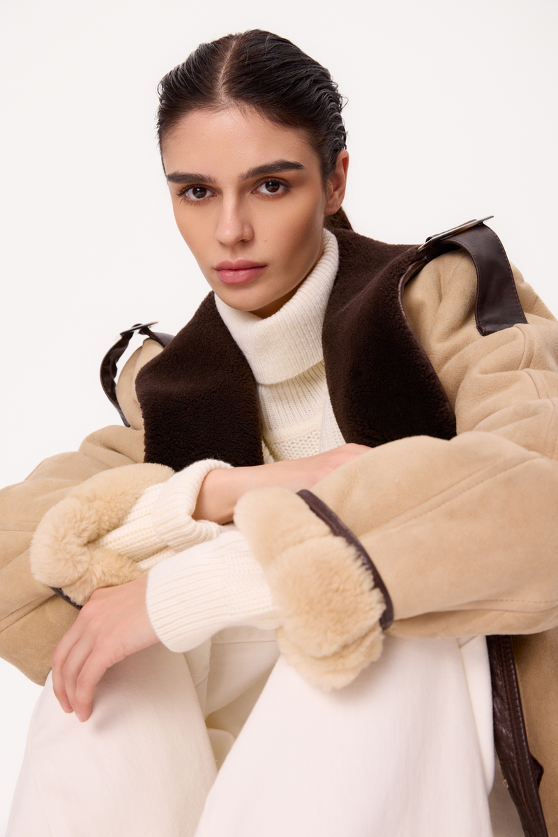 LONG BEIGE TALL SHEEPSKIN COAT WITH BROWN INSERTS