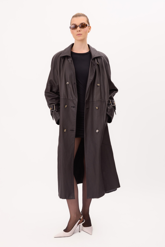 LONG CHOCOLATE TAPERED WAIST COAT WITH BUCKLES ON THE SLEEVES