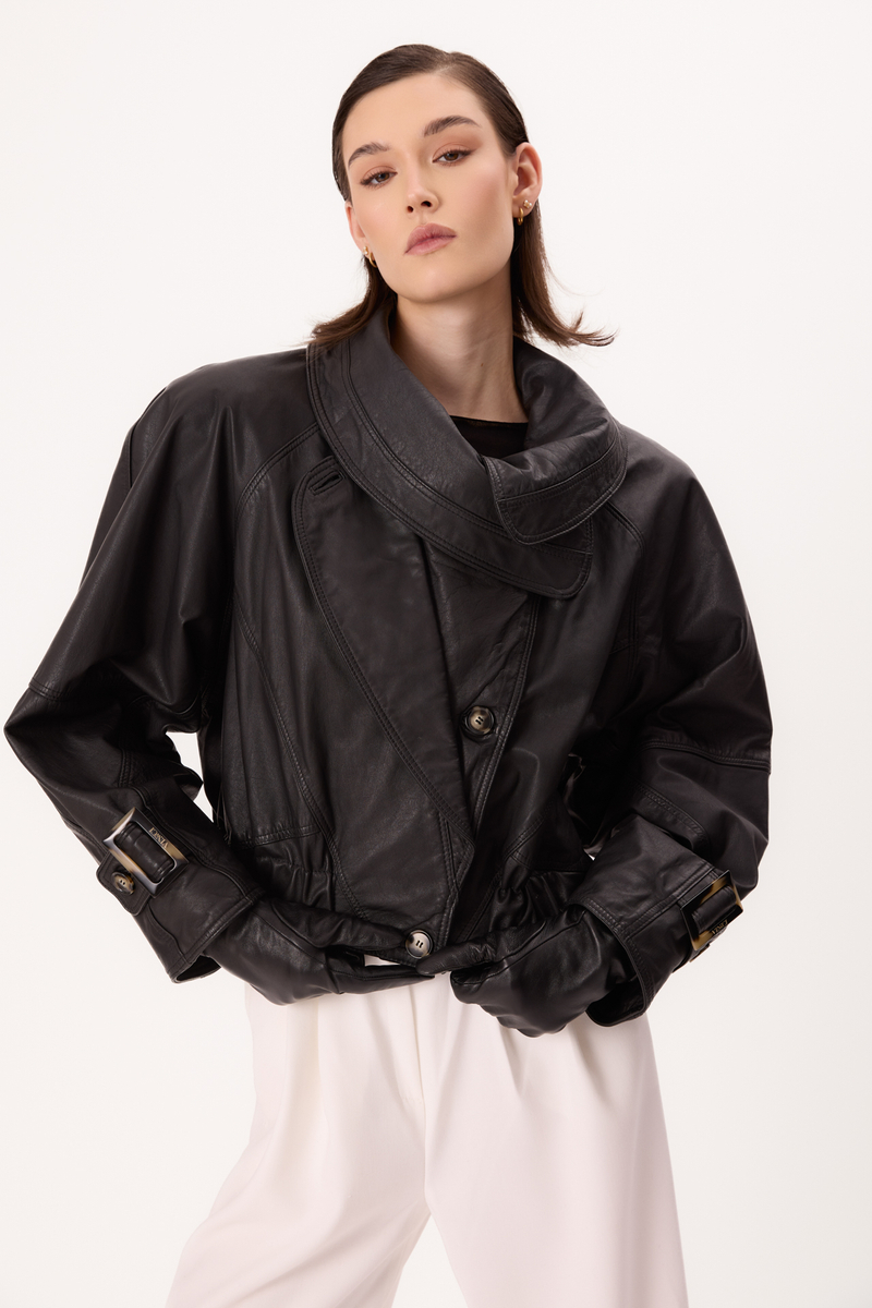 BLACK LEATHER JACKET WITH HIGH COLLAR