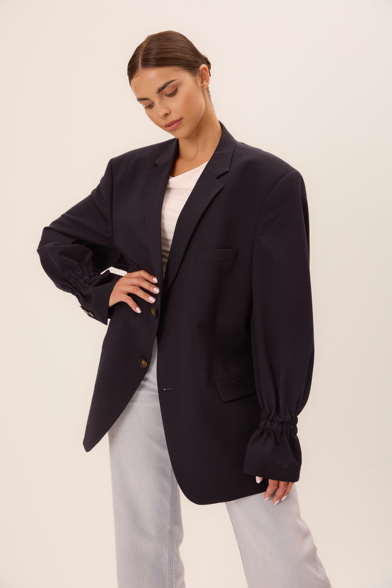 LONG PLAIN NAVY BLUE FITTED JACKET WITH ELASTIC SLEEVES