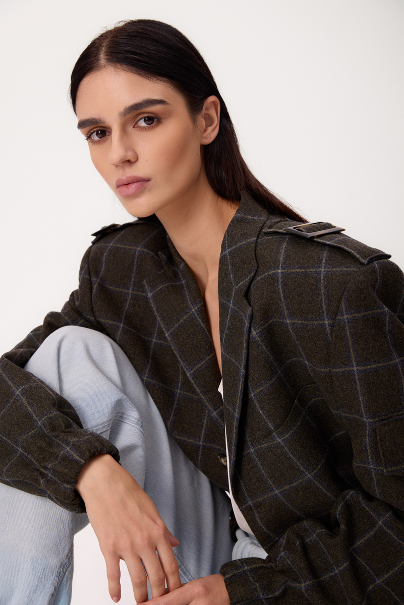 DARK GREEN TALL SHORT BOMBER JACKET WITH BLUE CHECKERED