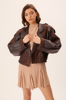 SHORT WAISTED CHOCOLATE EMBELLISHED LEATHER JACKET