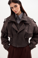 GRAFITOWA KURTKA SKÓRZANA  Z REGULACJĄ TALII