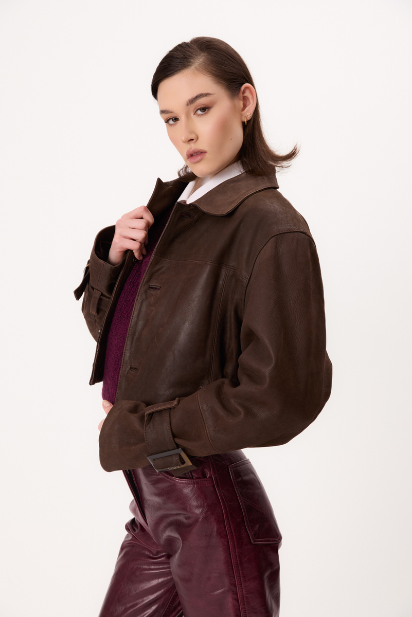 BROWN SUEDE LEATHER JACKET WITH BUCKLES
