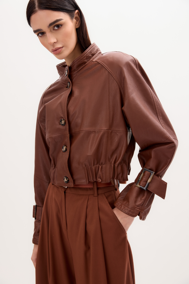 RED LEATHER JACKET WITH BUCKLES