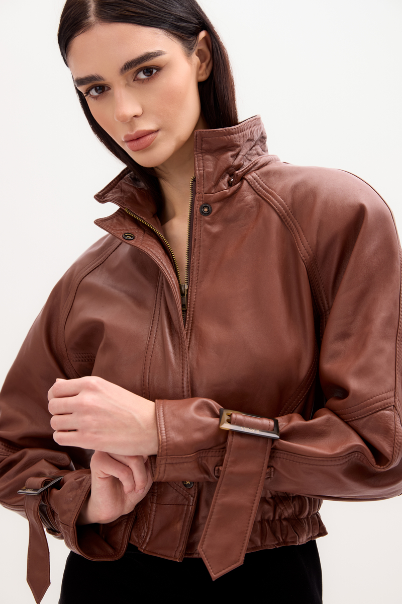 CAMEL LEATHER JACKET WITH BUCKLES