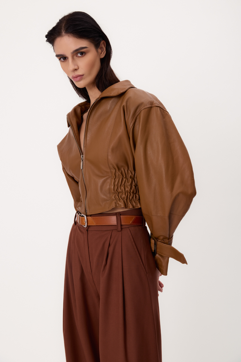 SHORT BROWN ADJUSTABLE WAIST PETITE LEATHER JACKET WITH ZIPPER AND BUCKLES