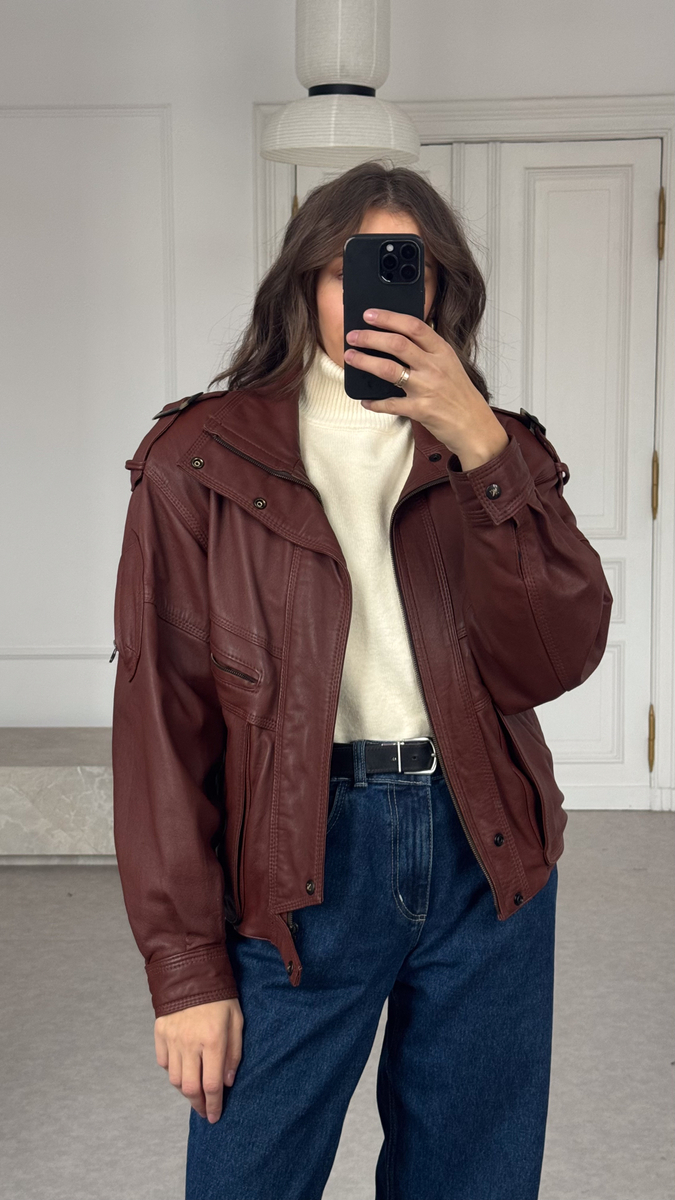 BROWN LEATHER JACKET WITH HIGH COLLAR