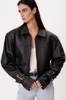 SHORT BLACK ADJUSTABLE WAIST REGULAR LEATHER JACKET WITH BUCKLES