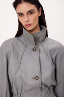 GRAY ADJUSTABLE WAIST PETITE LEATHER JACKET WITH BUCKLES