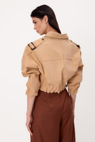 BEIGE PETITE SUEDE LEATHER BOMBER JACKET