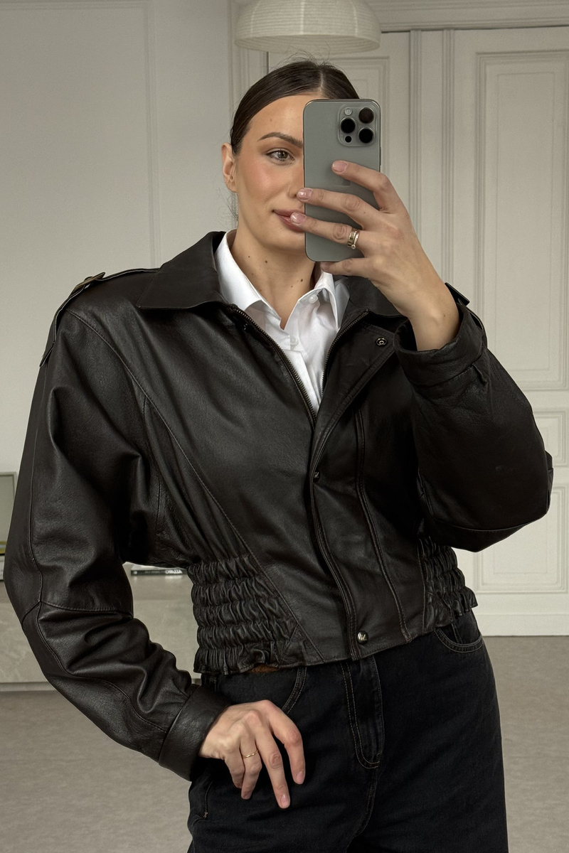 BLACK LEATHER JACKET WITH KIMONO SLEEVES