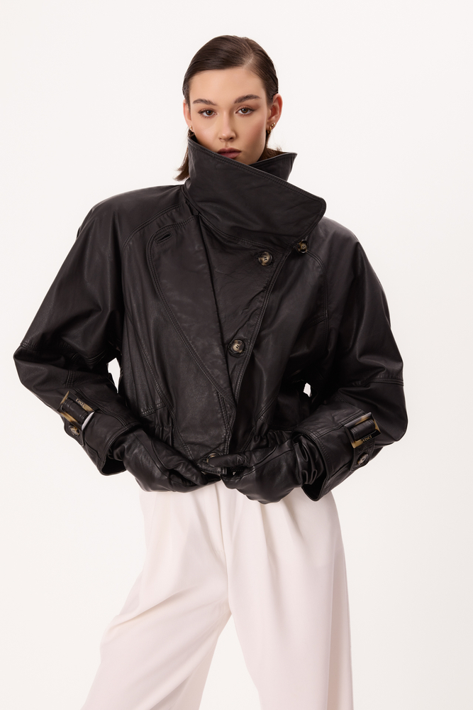 BLACK LEATHER JACKET WITH HIGH COLLAR