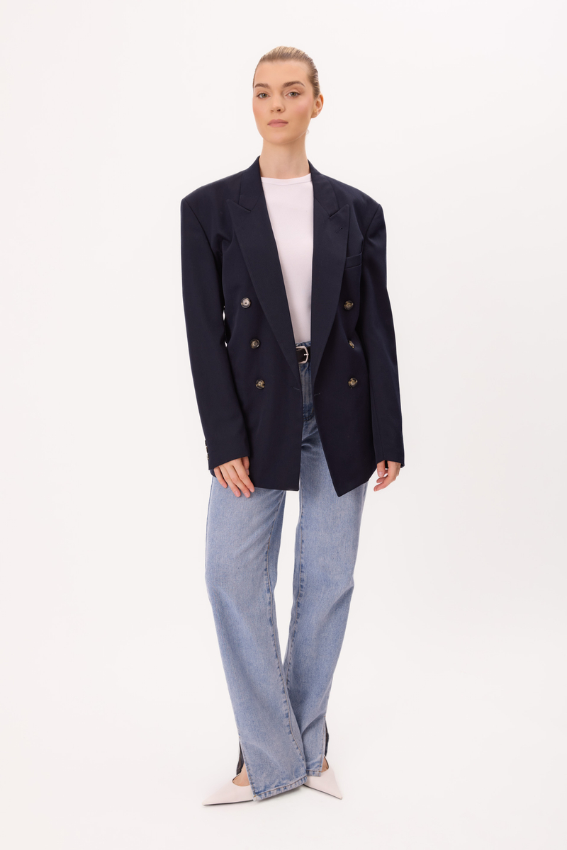 LONG NAVY BLUE SMOOTH DOUBLE-BREASTED JACKET MODEL No4