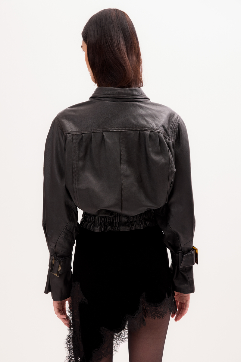 BLACK LEATHER JACKET WITH KIMONO SLEEVES