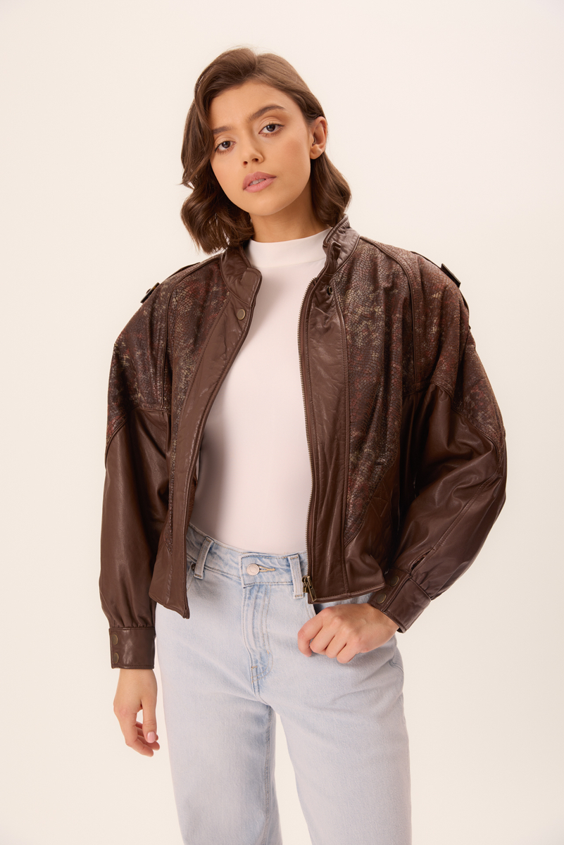 BROWN TEXTURED EMBELLISHED LEATHER JACKET