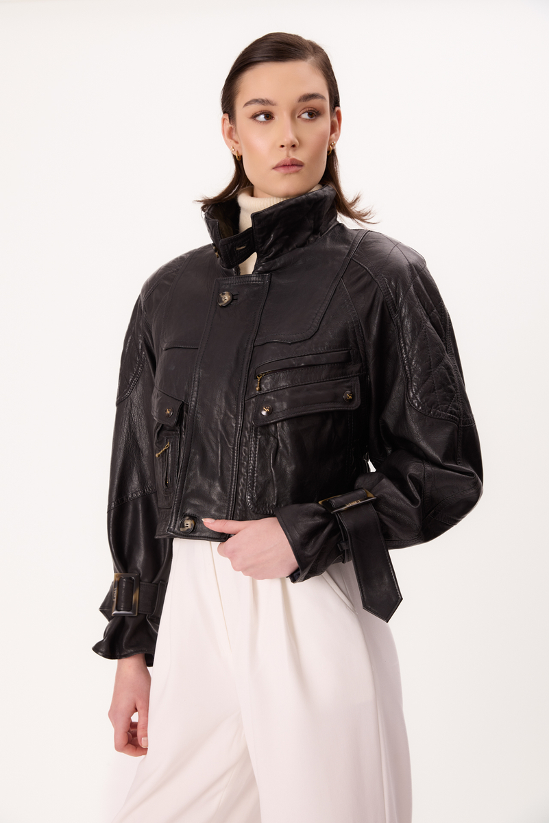 SHORT VINTAGE LEATHER BIKER JACKET