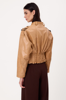 BEIGE ADJUSTABLE WAIST  PETITE LEATHER JACKET