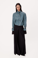 BLUE ADJUSTABLE WAIST TALL LEATHER JACKET WITH BUCKLES