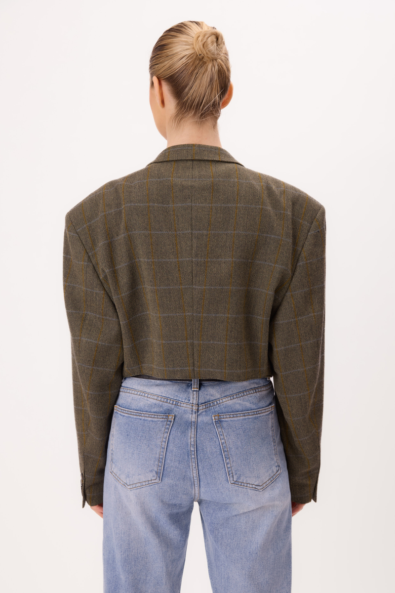 SHORT STRAIGHT JACKET IN KHAKI WITH BLUE CHECK