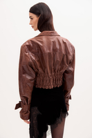 BROWN LEATHER JACKET WITH BUCKLES AND DEEP COLLAR