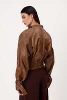 SHORT BROWN ADJUSTABLE WAIST DIPPED REGULAR LEATHER JACKET