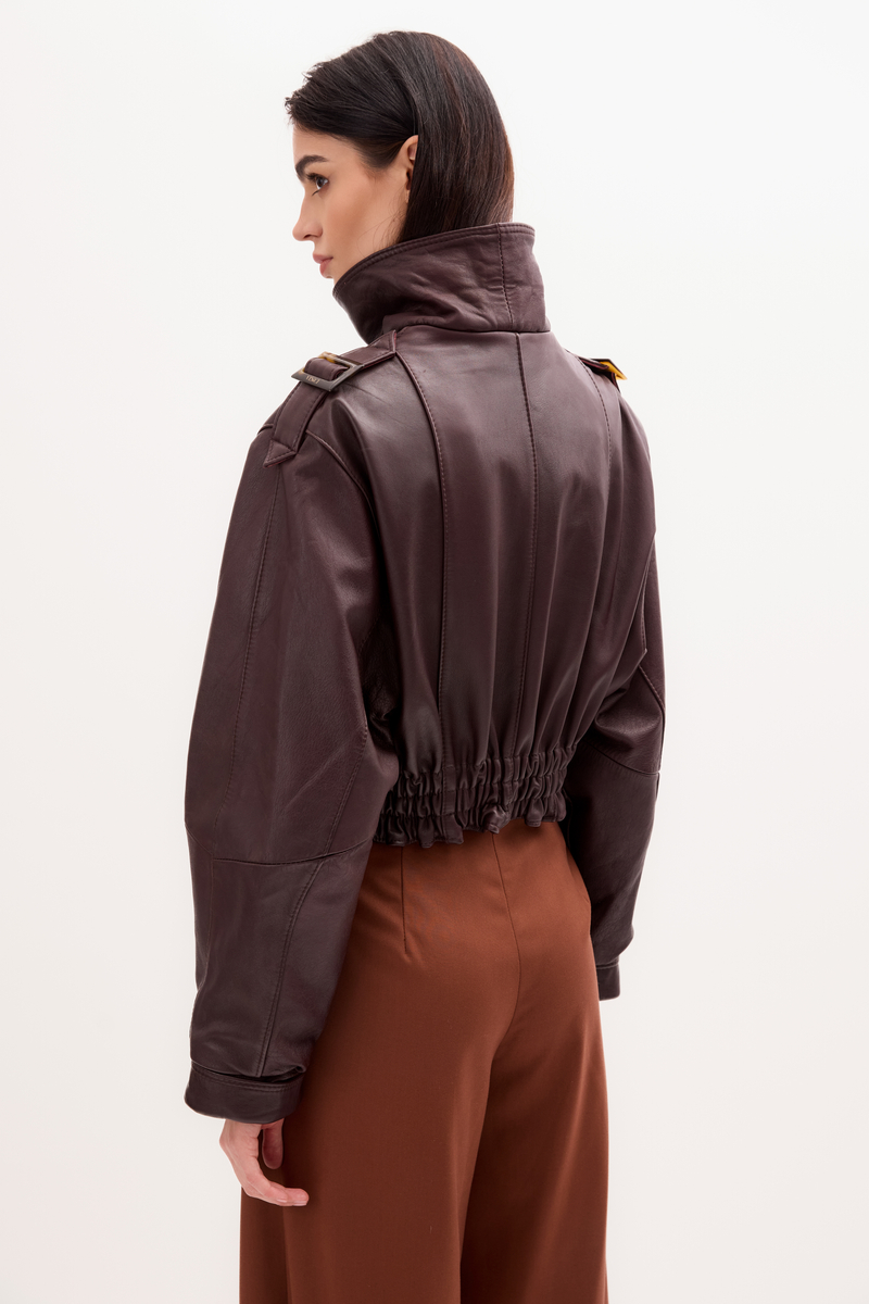 BROWN OVERSIZE LEATHER JACKET WITH HIGH COLLAR